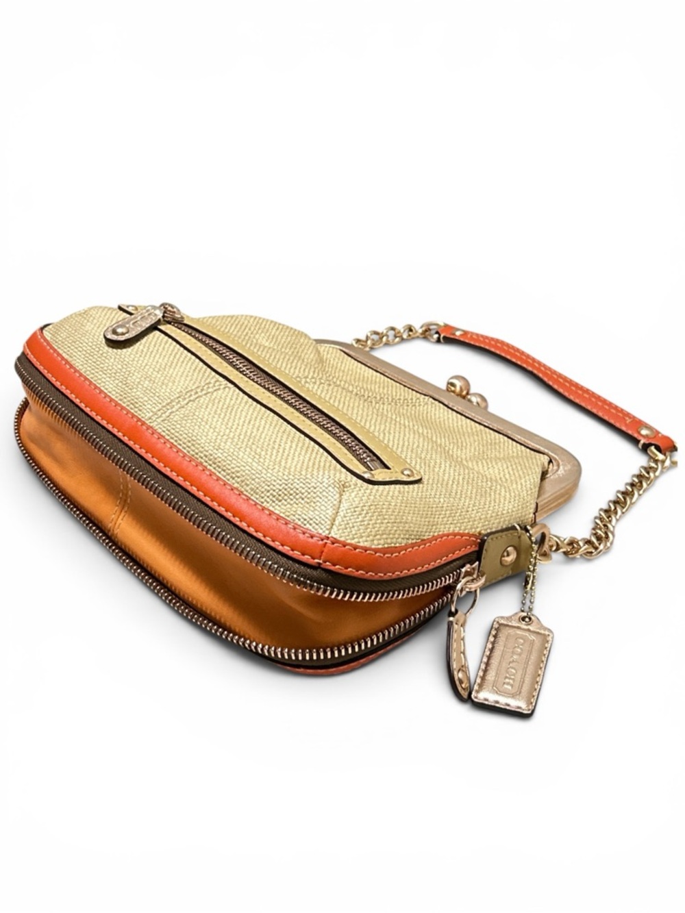 COACH Y2K  Bonnie Kiss Lock Frame Fold Over Straw w/Leather Trim  Demi Bag - Picture 6 of 12